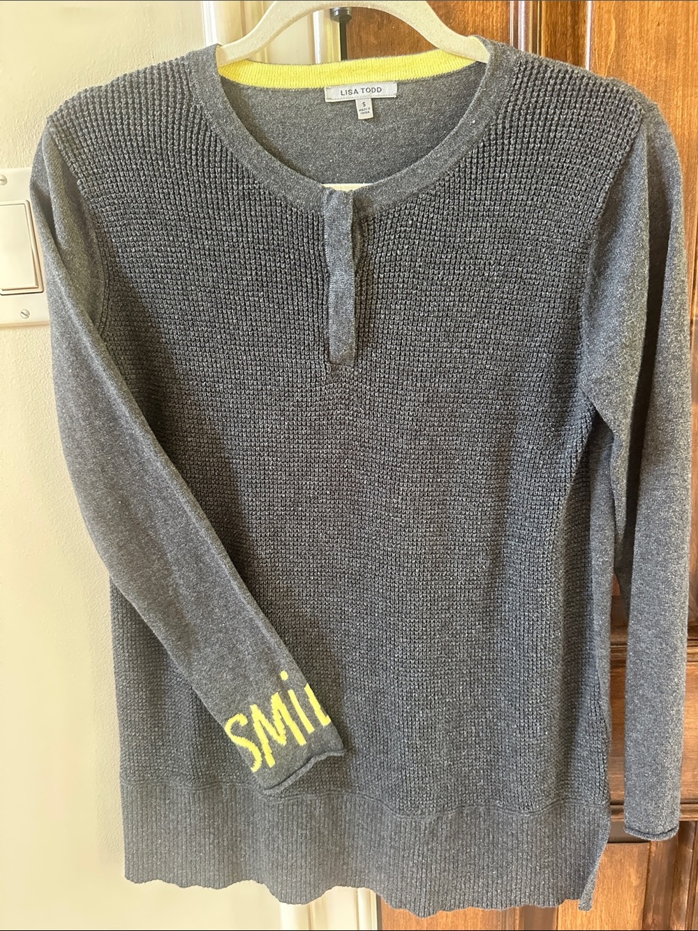 Lisa Todd Charcoal Gray Sweater with Yellow Trim and Cuff Detail A a Small EUC